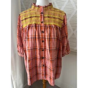 Ivy Jane Women’s XL Orange Yellow Plaid Tartan Smocked Blouse Top